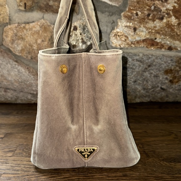 Authentic Prada Canapa Hand Bag tote Lg Dark Beige/brownish  tan color Canvas - Picture 6 of 17